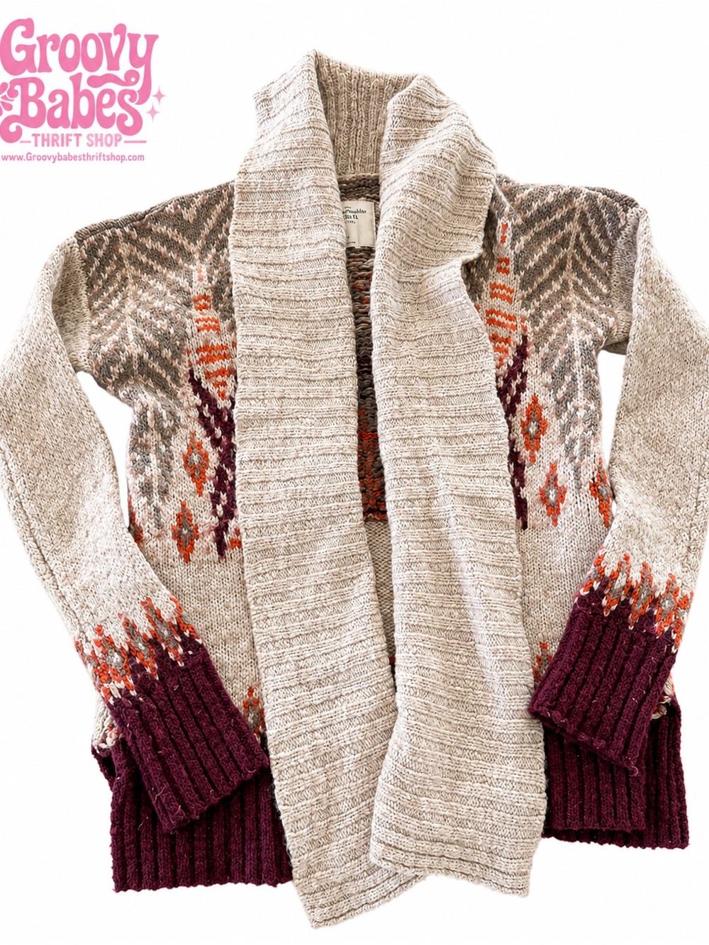 Abercrombie & Fitch Beige Cardigan with Burgundy and Orange Accents